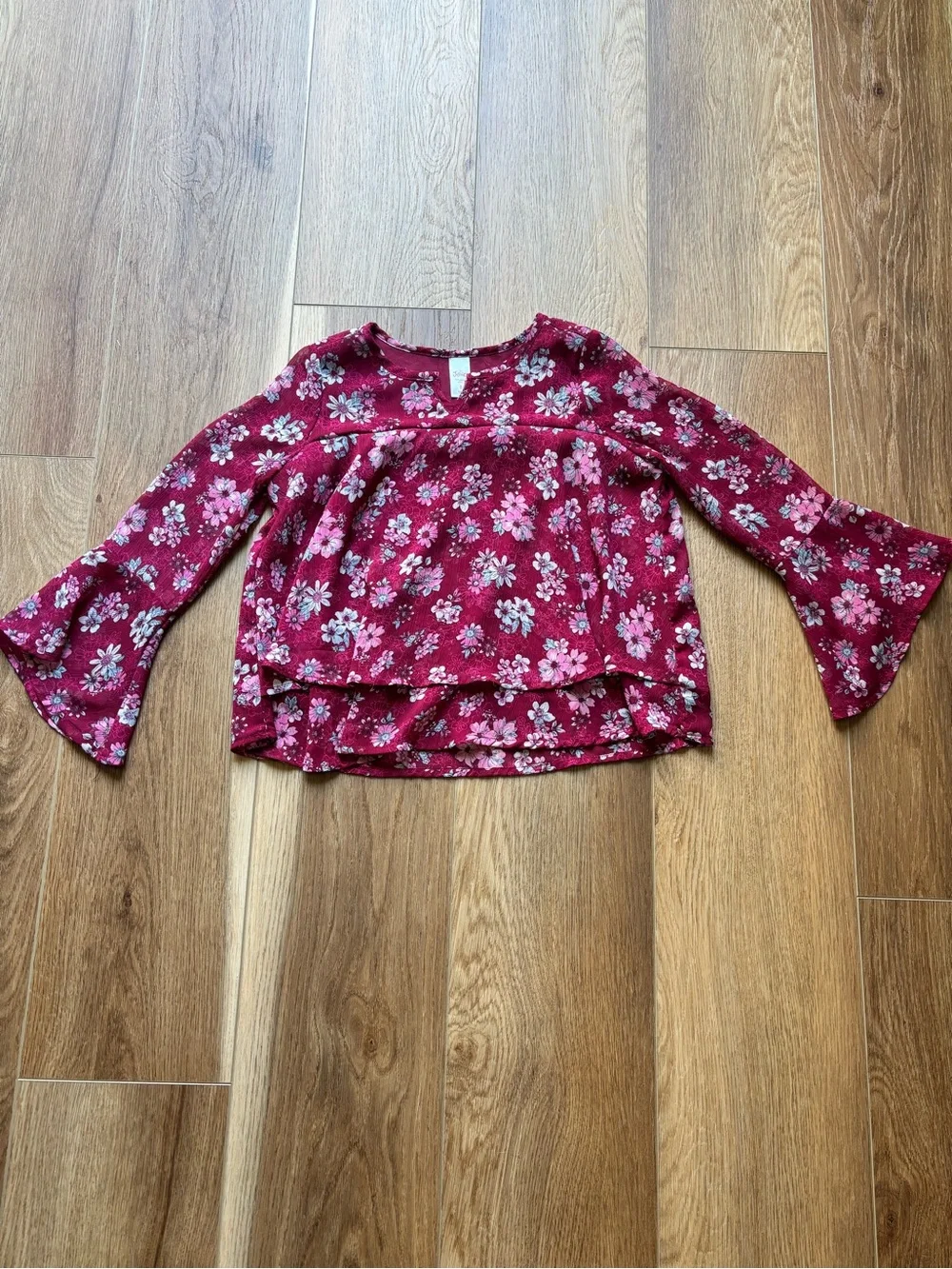 Justice Floral Bell-Sleeve Blouse - Burgundy with Pink Flowers